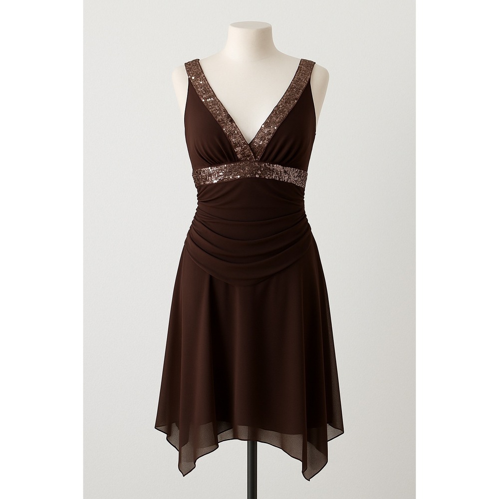 Y2K Fashion Bug‎ Womens Dress Size 6 Brown Sequin Asymmetrical Witchy Whimsigoth